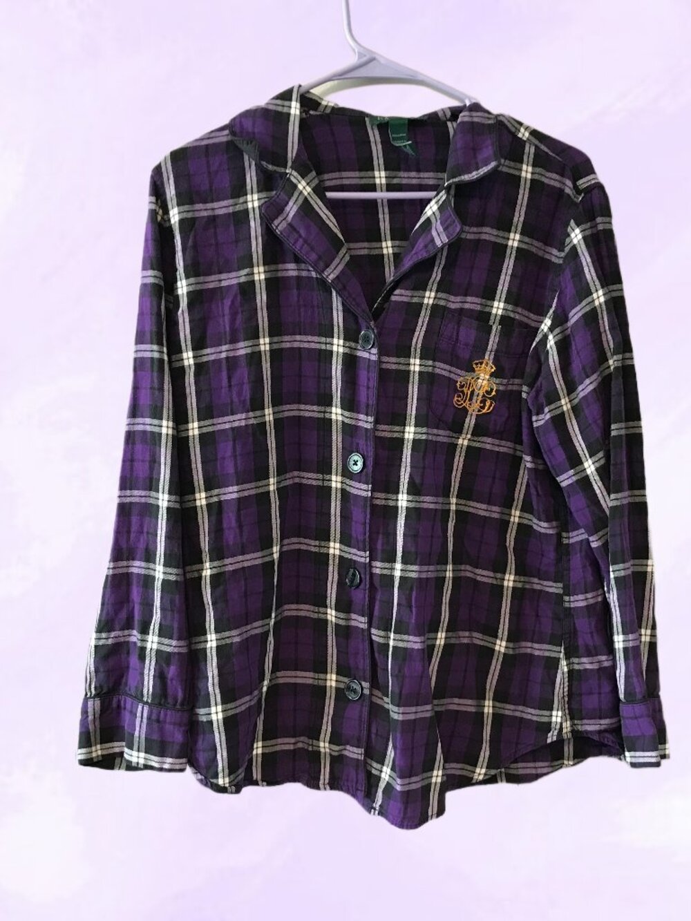 Lauren Ralph Lauren gold crest logo plaid long sleeve button down collared blous